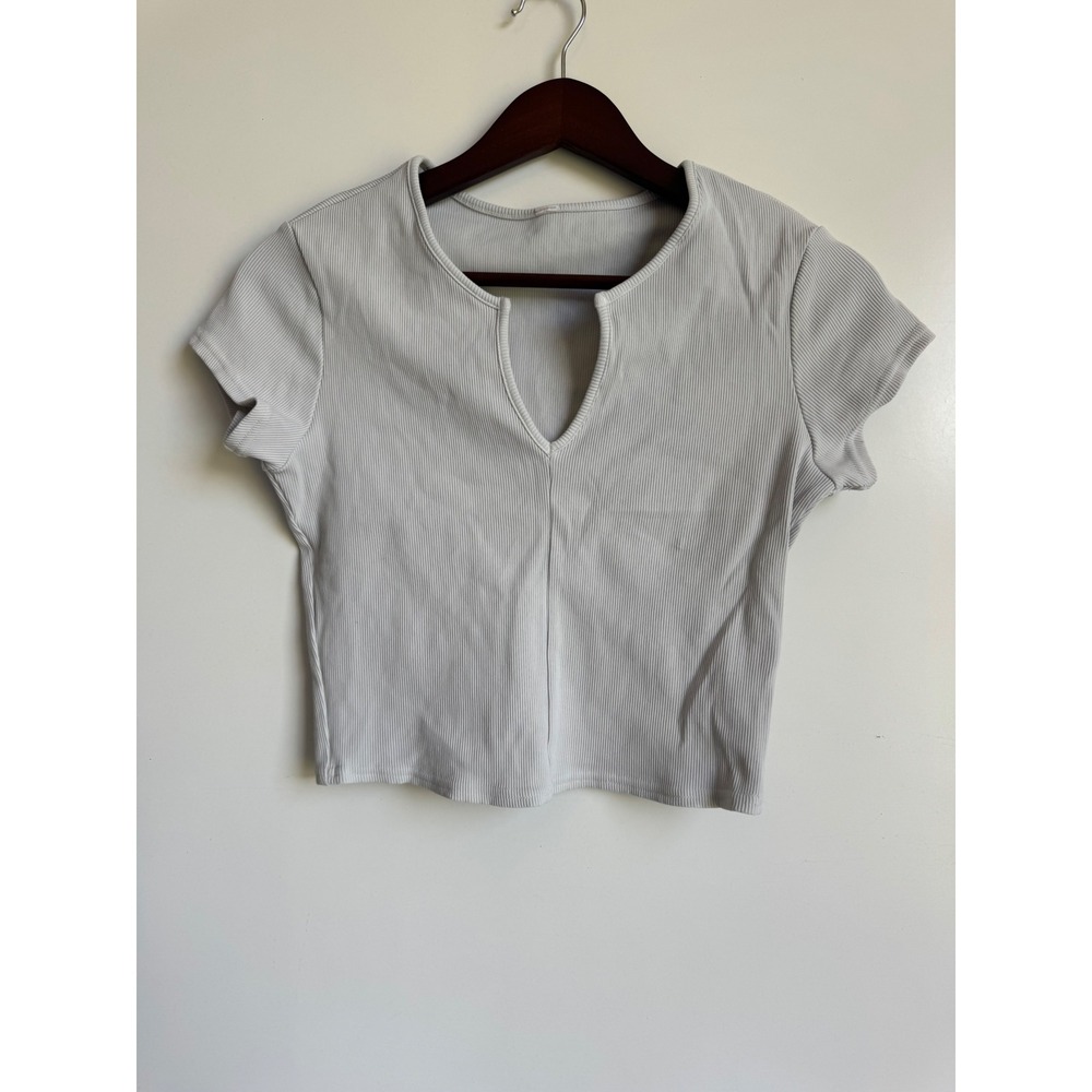 Alo White Ribbed Keyhole Cutout Short Sleeve Top Slim Fit Minimalist Y2K Small